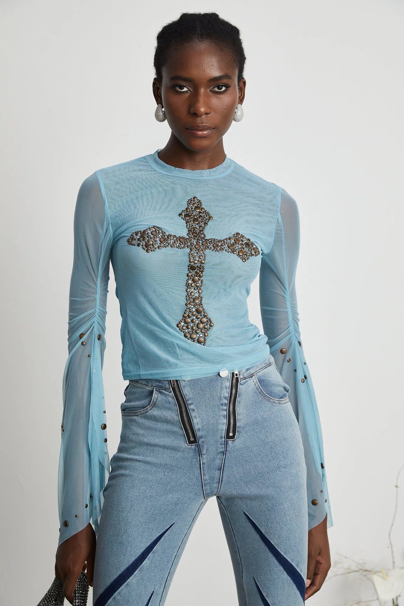 Isabella Top - Long Sleeve - Round Neck - Slit Flare Sleeves - Stud Embellishment