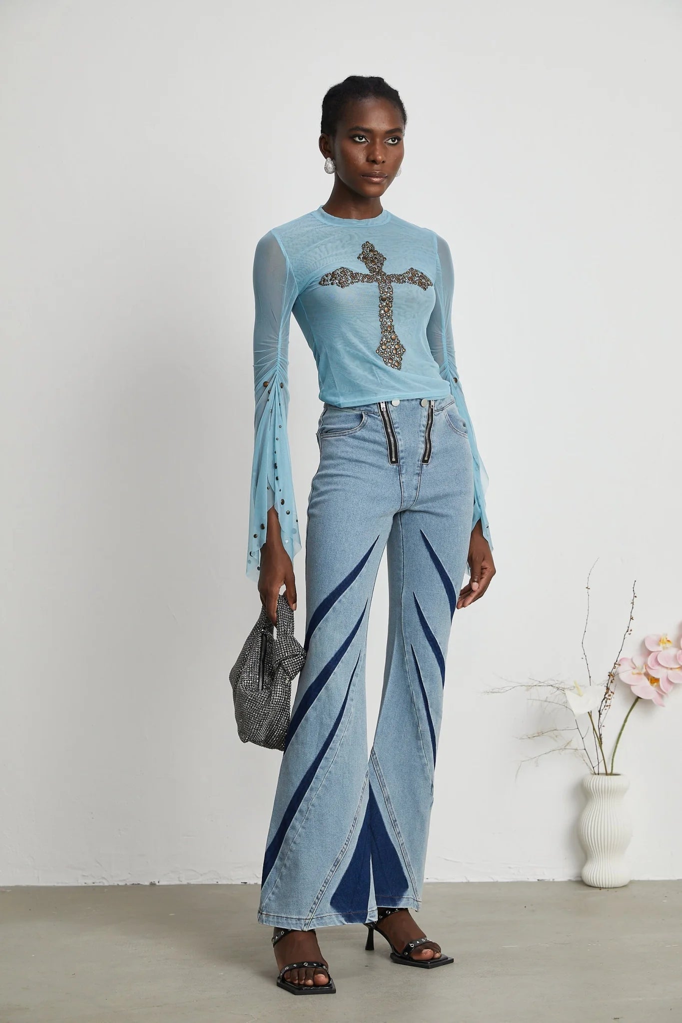 Isabella Top - Long Sleeve - Round Neck - Slit Flare Sleeves - Stud Embellishment