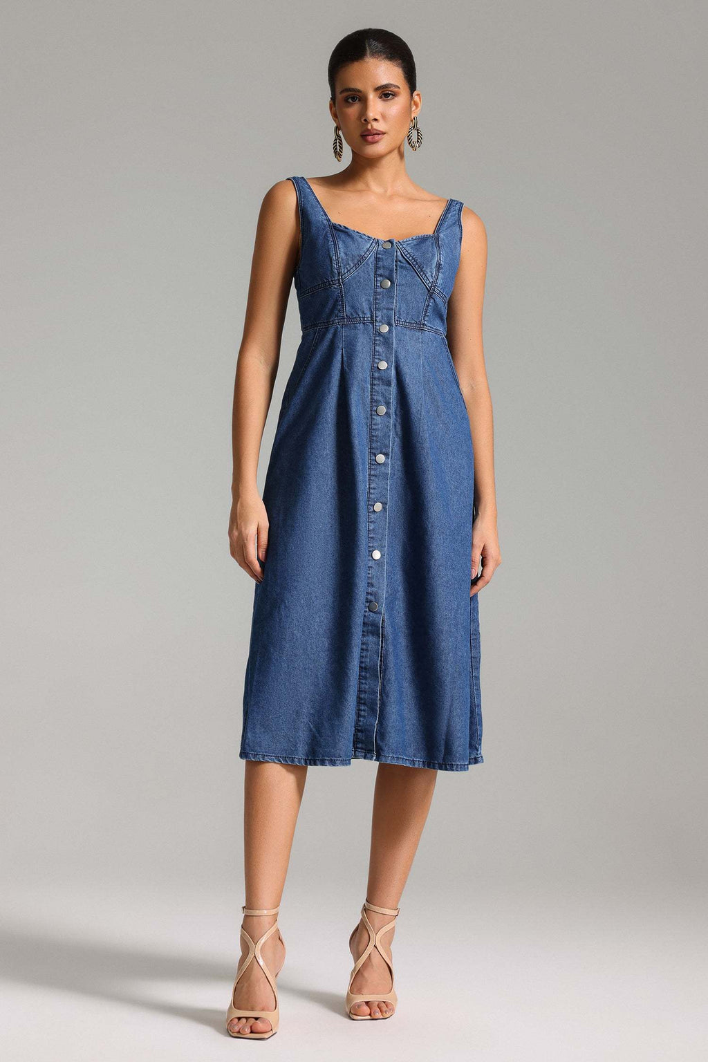 Isabelle Blue Denim Fit and Flare Dress with Button Front Detailing