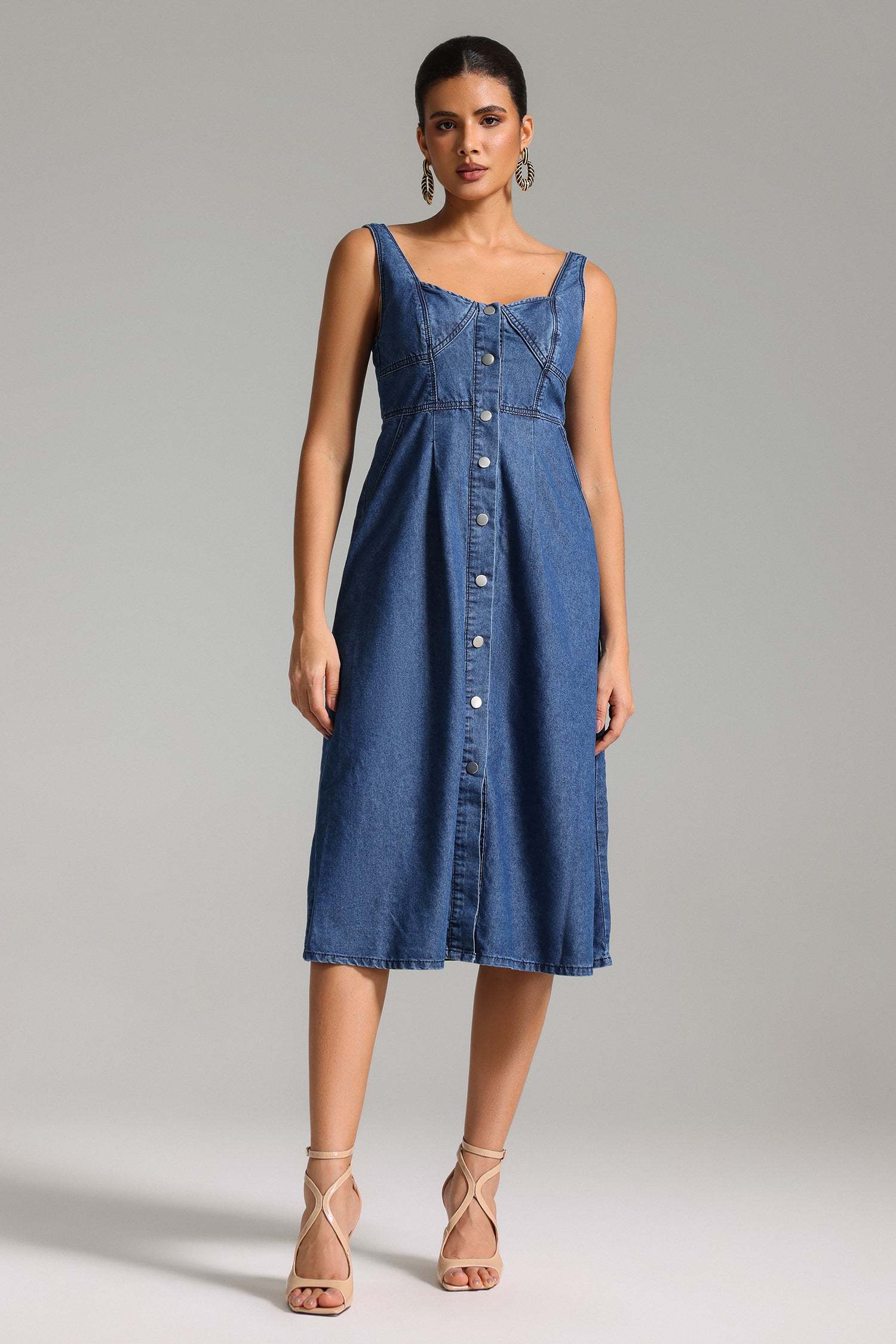 Isabelle Blue Denim Fit and Flare Dress with Button Front Detailing