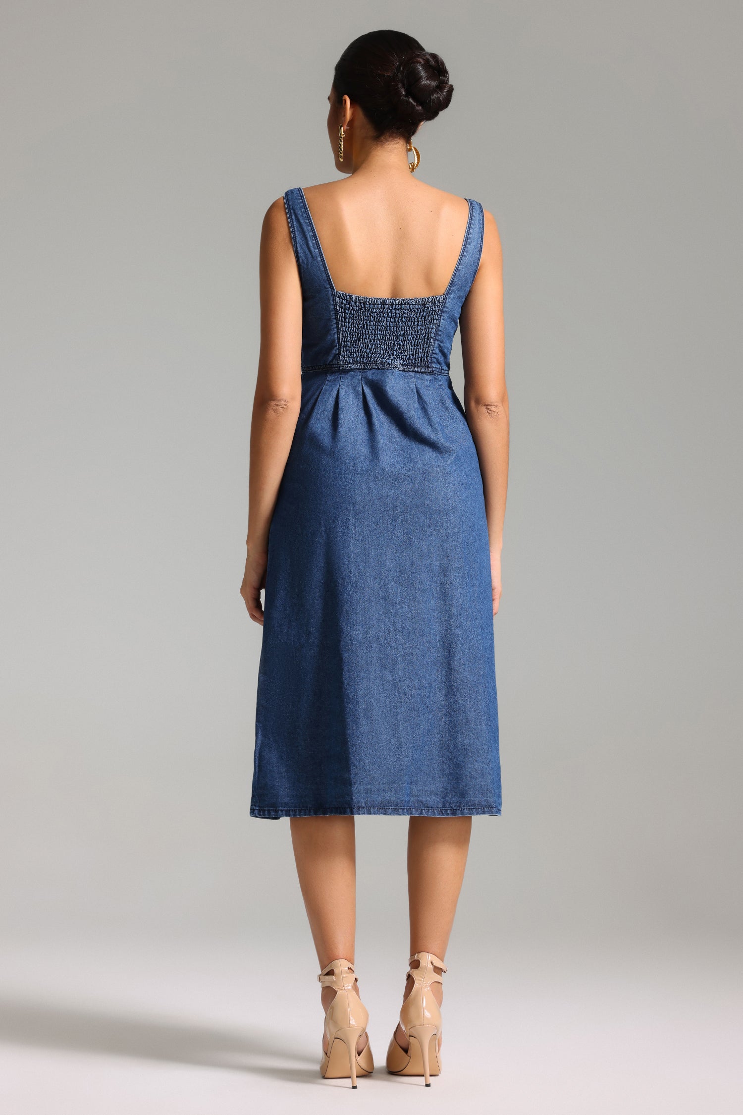 Isabelle Blue Denim Fit and Flare Dress with Button Front Detailing