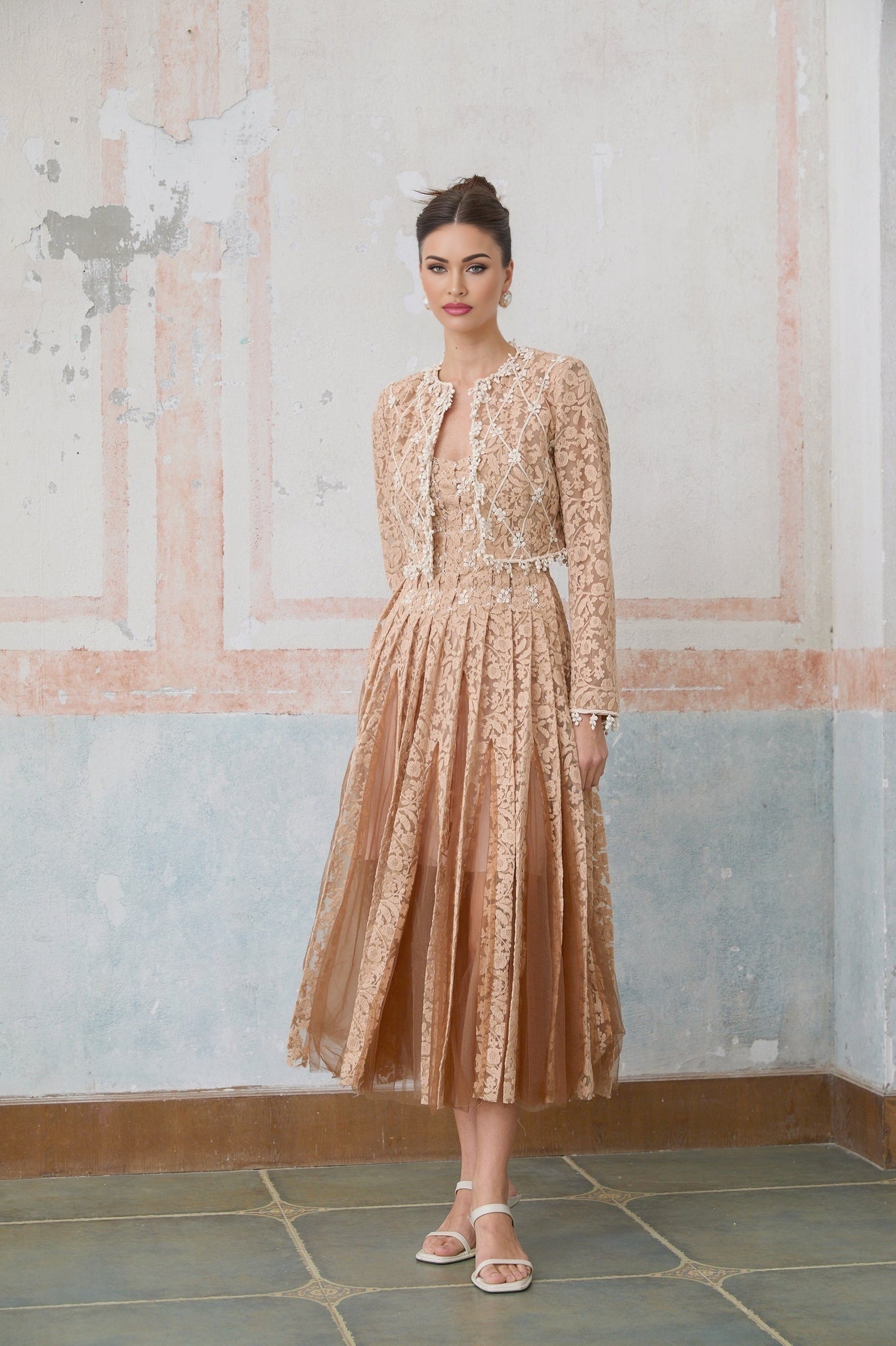 Isabelle Cardigan & Dress Set – Crochet Lace – Tulle Midi Dress – Pleated Godet Skirt