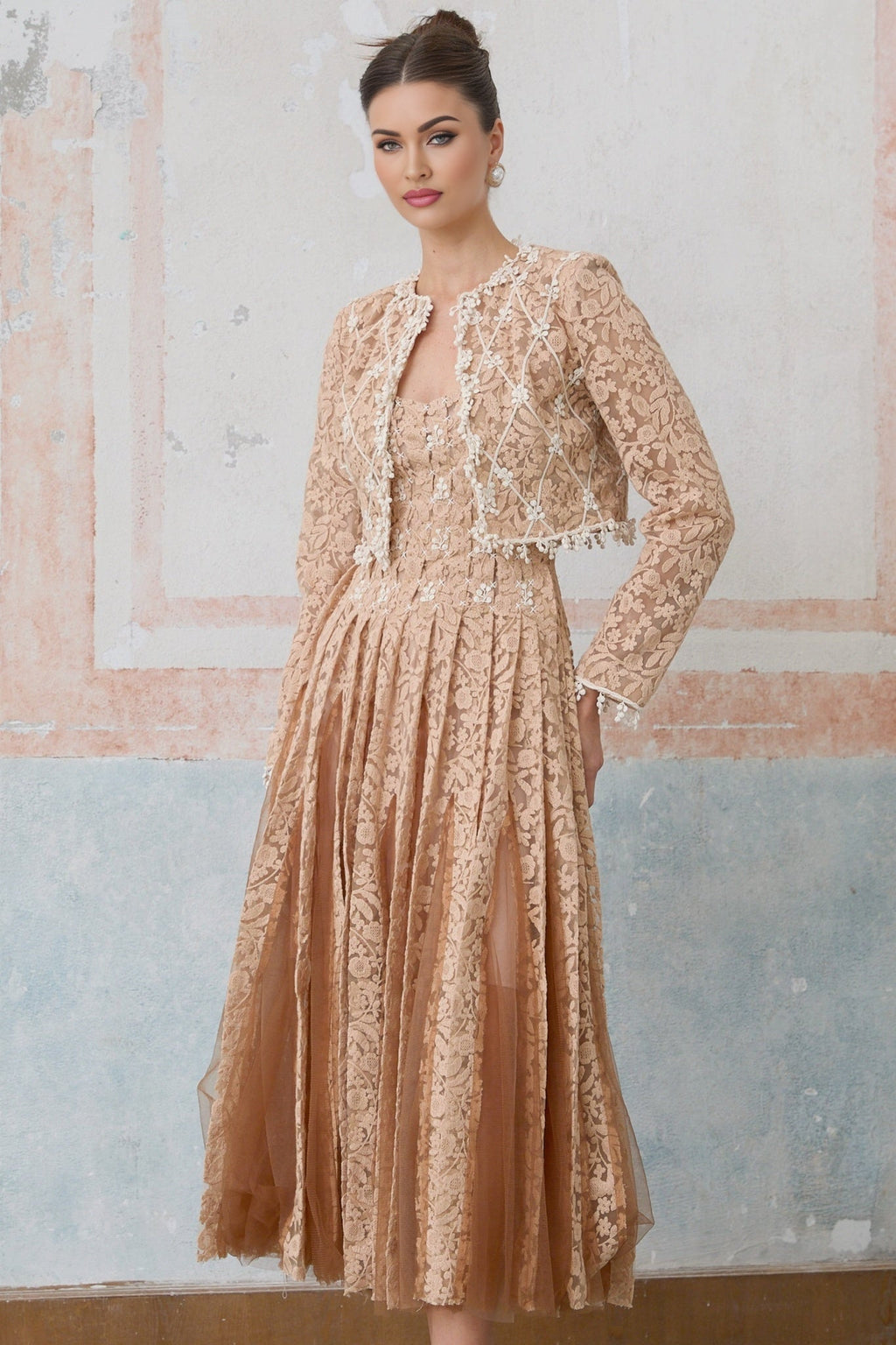 Isabelle Cardigan & Dress Set – Crochet Lace – Tulle Midi Dress – Pleated Godet Skirt