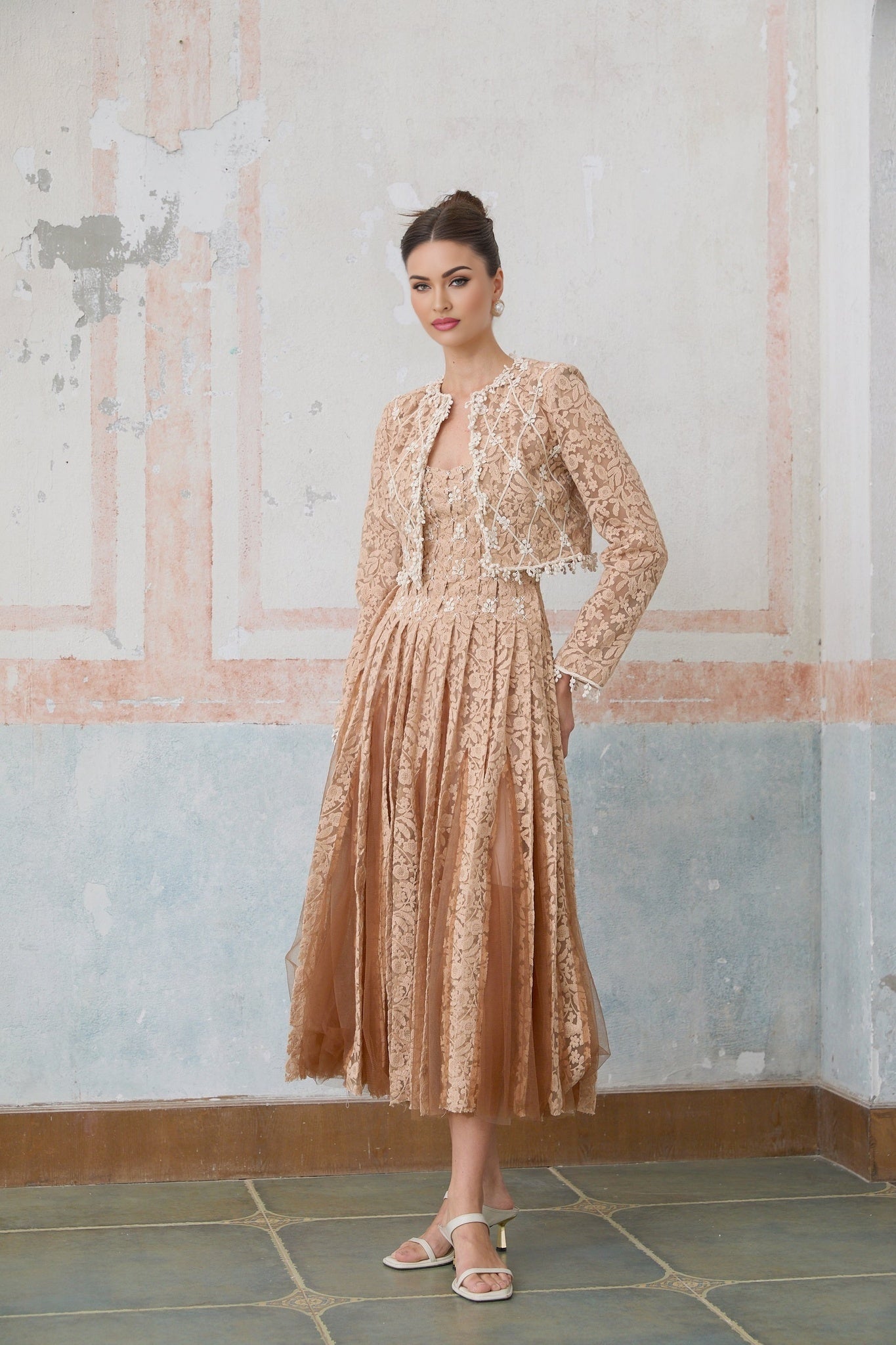Isabelle Cardigan & Dress Set – Crochet Lace – Tulle Midi Dress – Pleated Godet Skirt