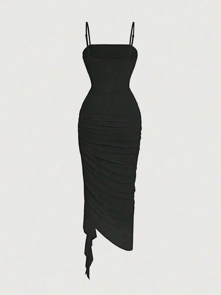 Isabelle Midi Dress - Spaghetti Strap Neckline - Asymmetrical Hem - Cami Style - Ruched Details - Elegant
