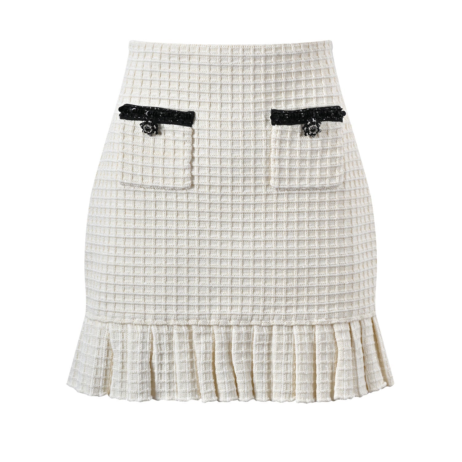 Isadora Jacket & Skirt Set - Textured Knit Pattern - Accents - Ruffled Hem - Decorative Buttons - Elegant
