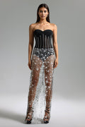 Iside Black Mesh Overlay Floral Detail Strapless Dress