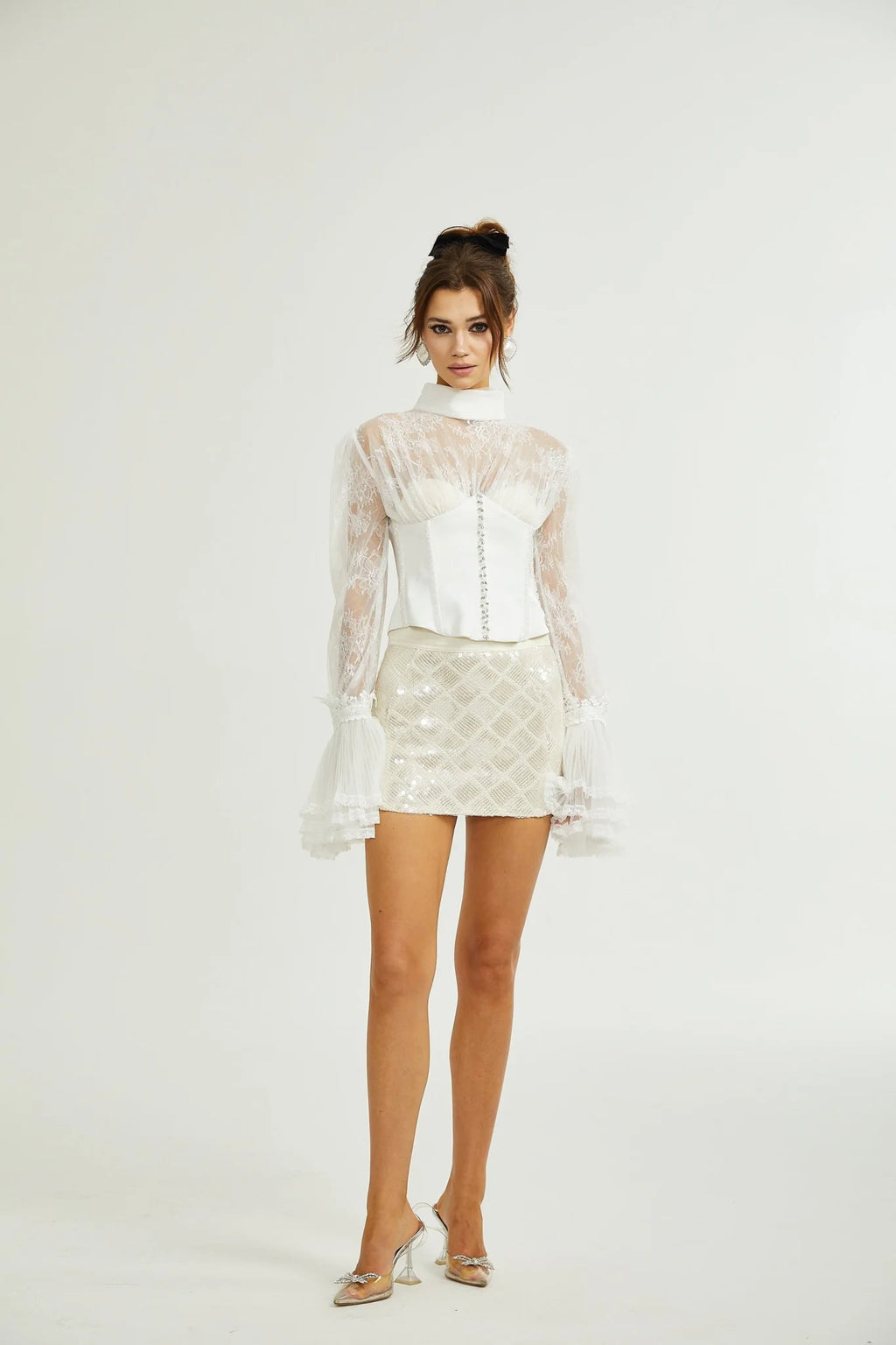 Iside Cropped Top Bell Sleeve Crystal Trim White