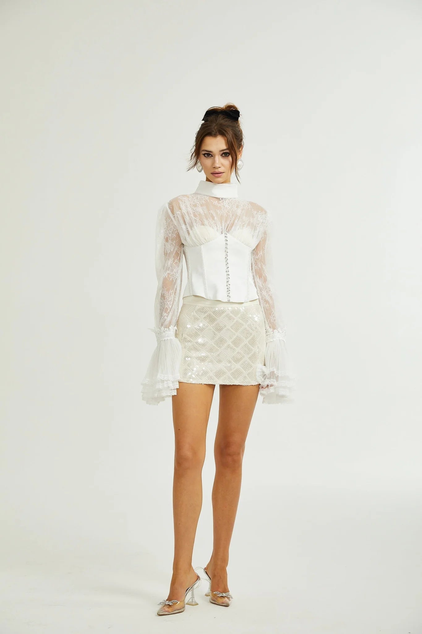 Iside Cropped Top Bell Sleeve Crystal Trim White