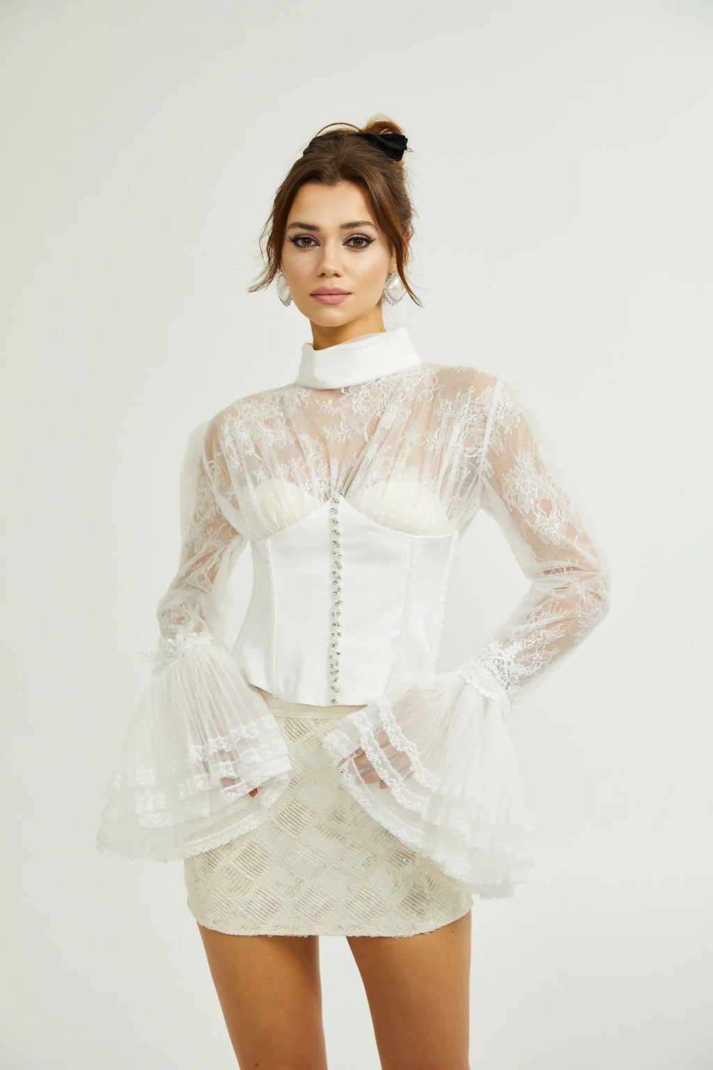 Iside Cropped Top Bell Sleeve Crystal Trim White