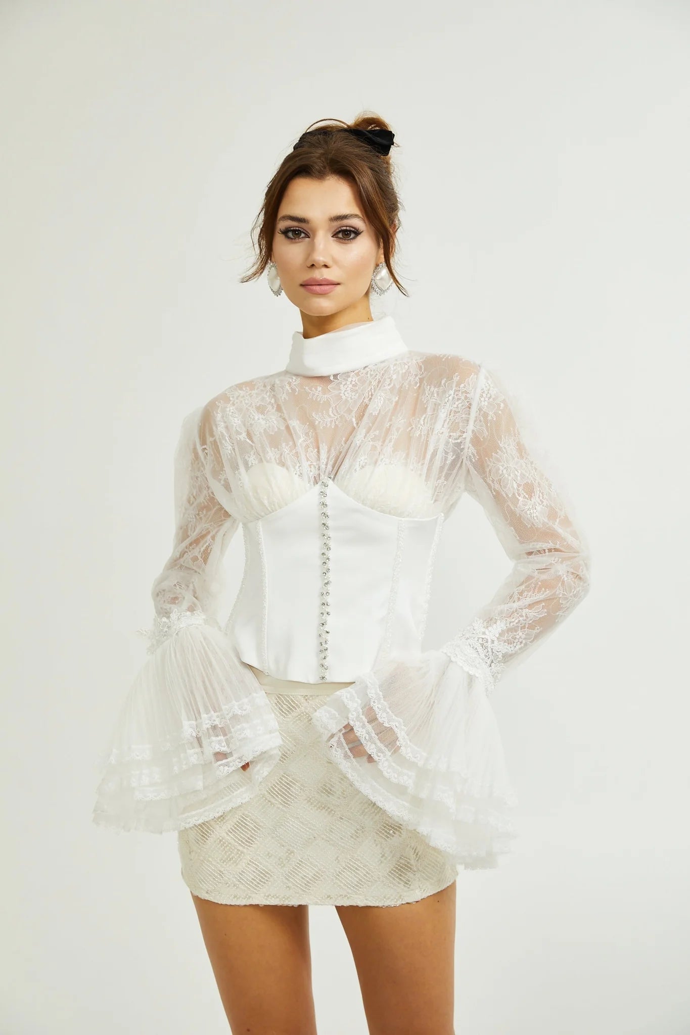 Iside Cropped Top Bell Sleeve Crystal Trim White