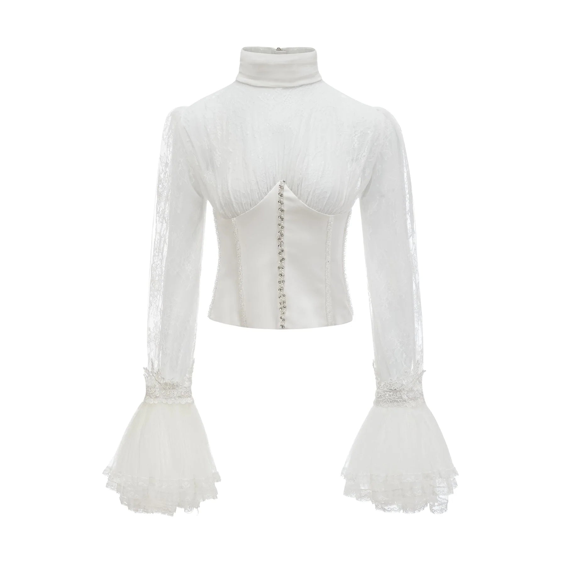 Iside Cropped Top Bell Sleeve Crystal Trim White