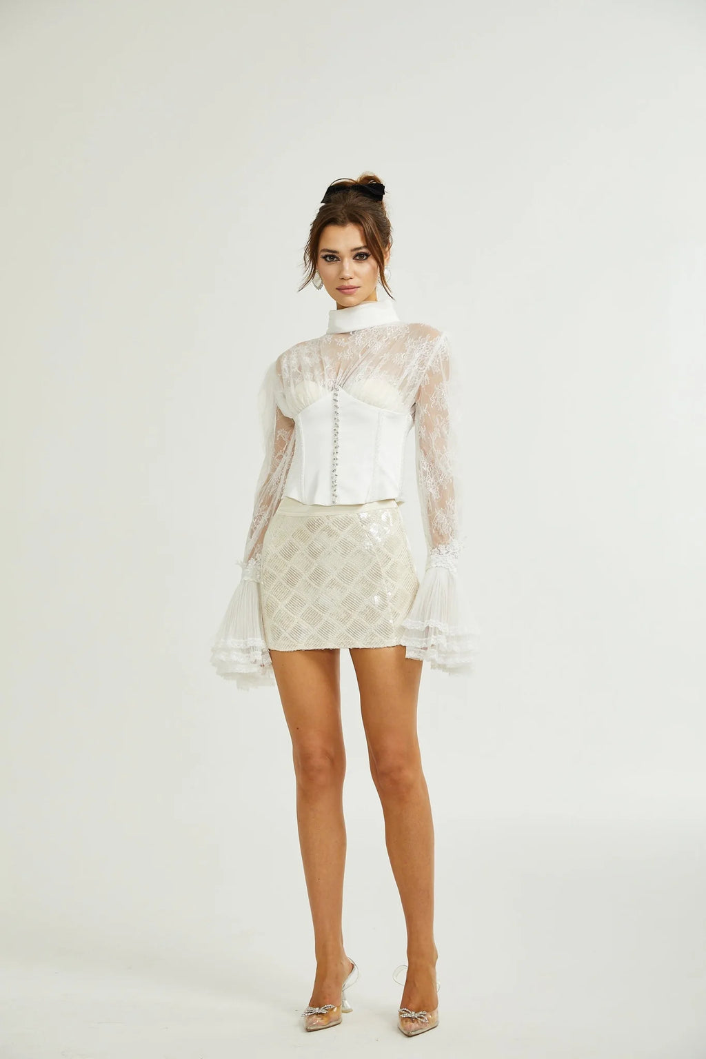 Iside Cropped Top Bell Sleeve Crystal Trim White
