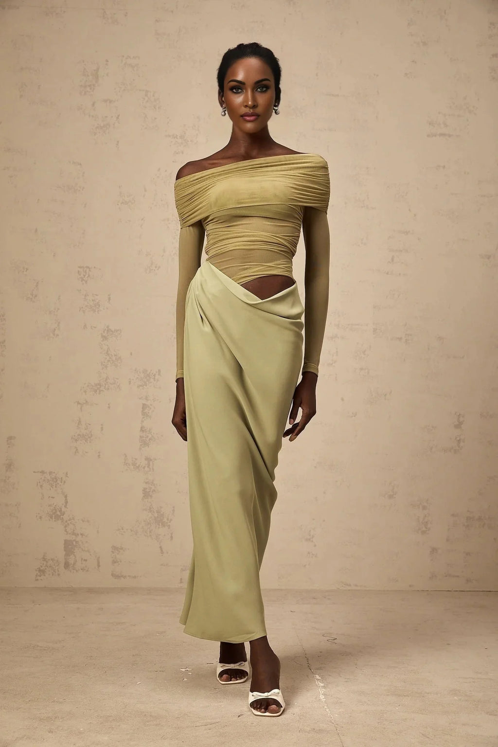 Iside Midi Dress Green Semi - sheer Off - shoulder & Tulle Detail