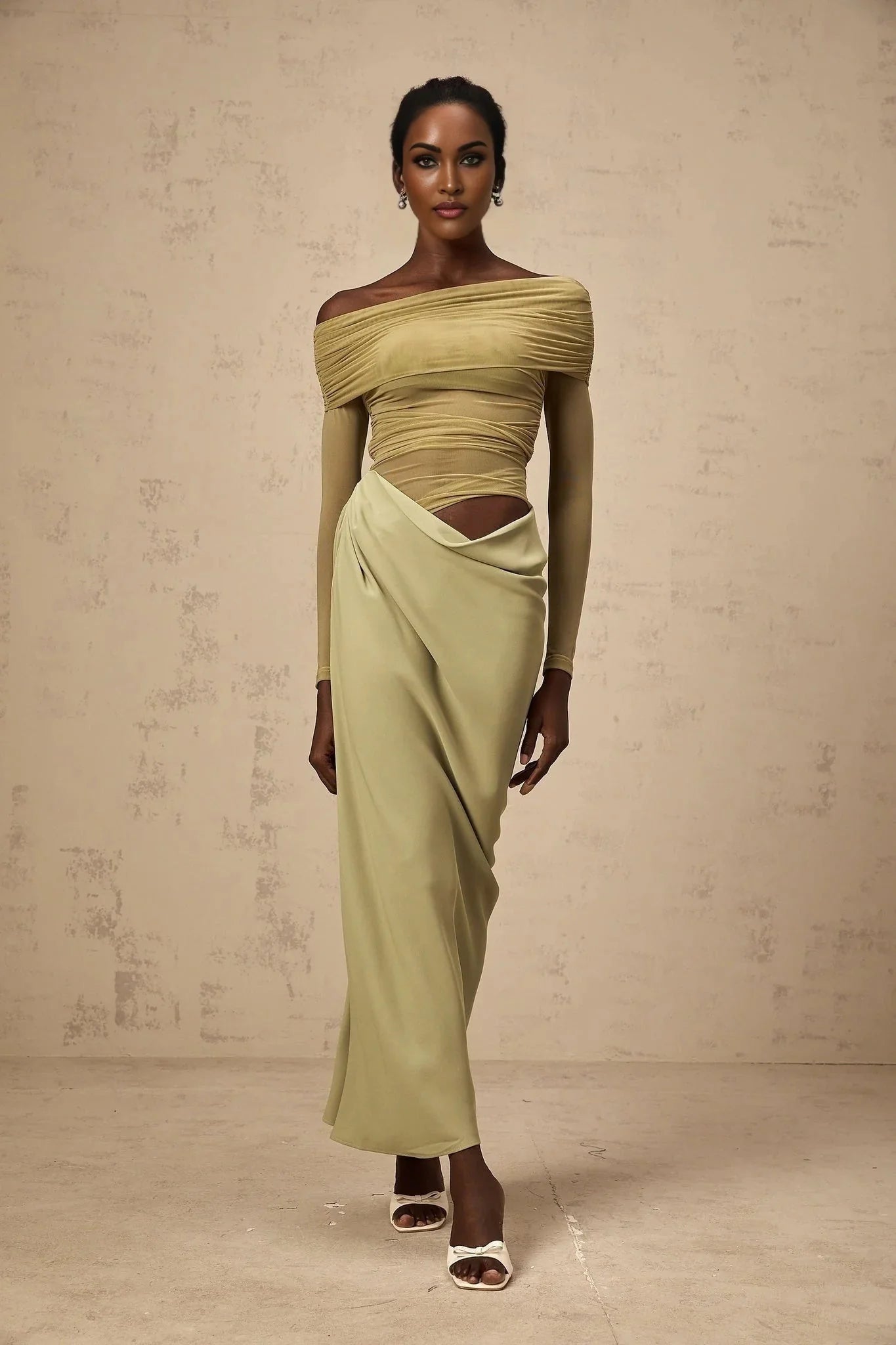 Iside Midi Dress Green Semi - sheer Off - shoulder & Tulle Detail