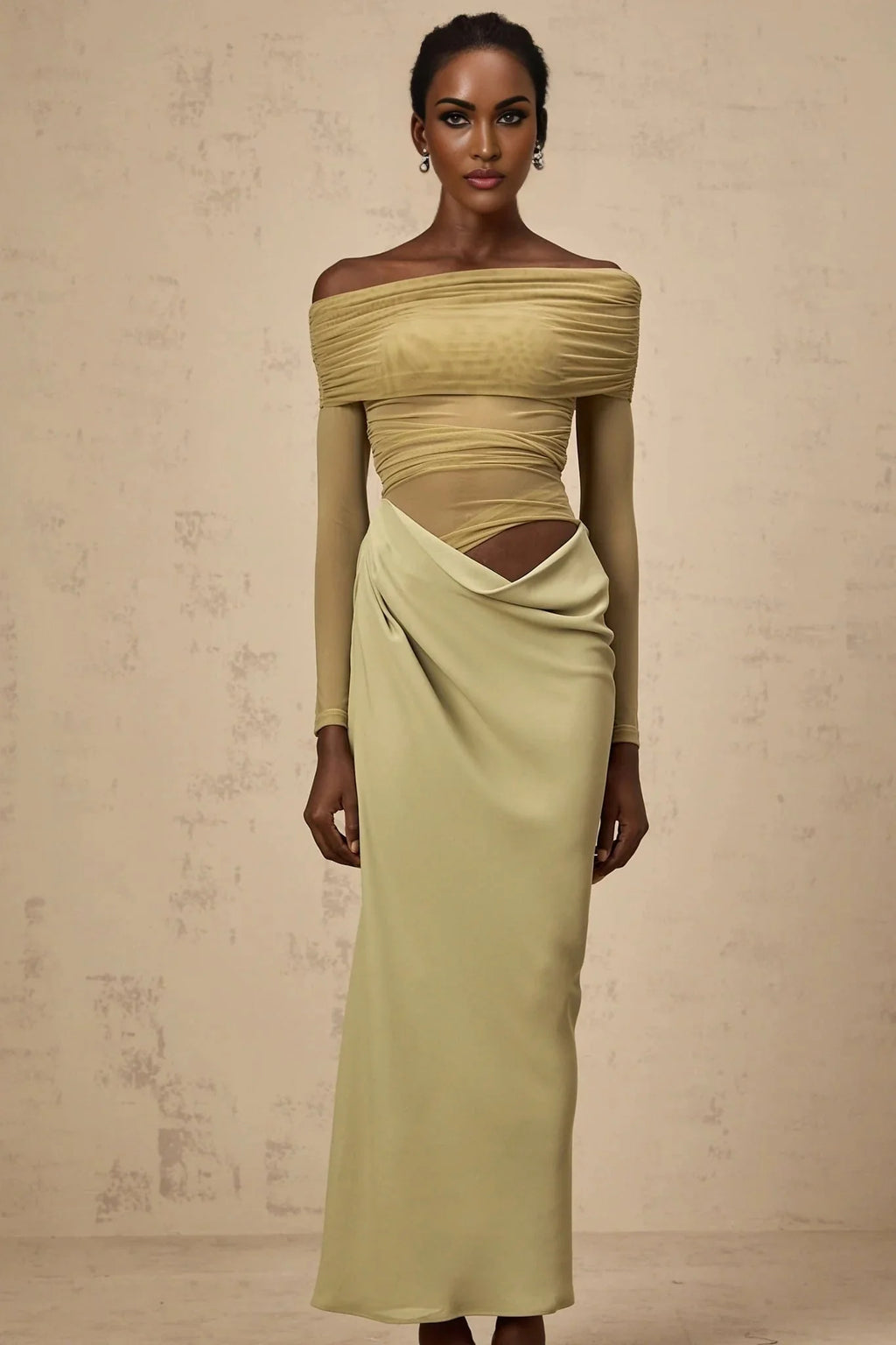 Iside Midi Dress Green Semi - sheer Off - shoulder & Tulle Detail