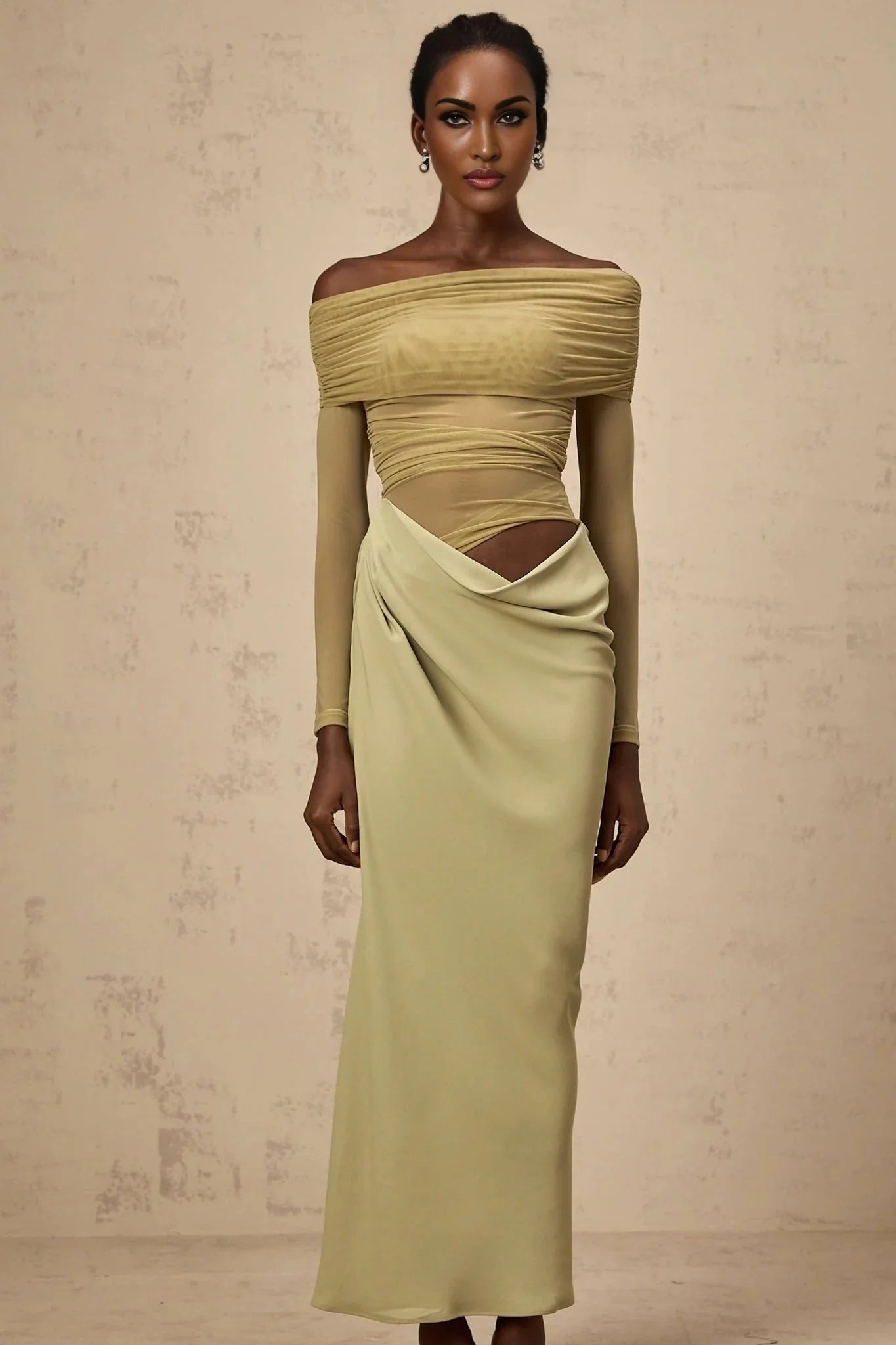 Iside Midi Dress Green Semi - sheer Off - shoulder & Tulle Detail