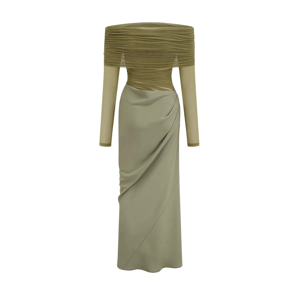 Iside Midi Dress Green Semi - sheer Off - shoulder & Tulle Detail