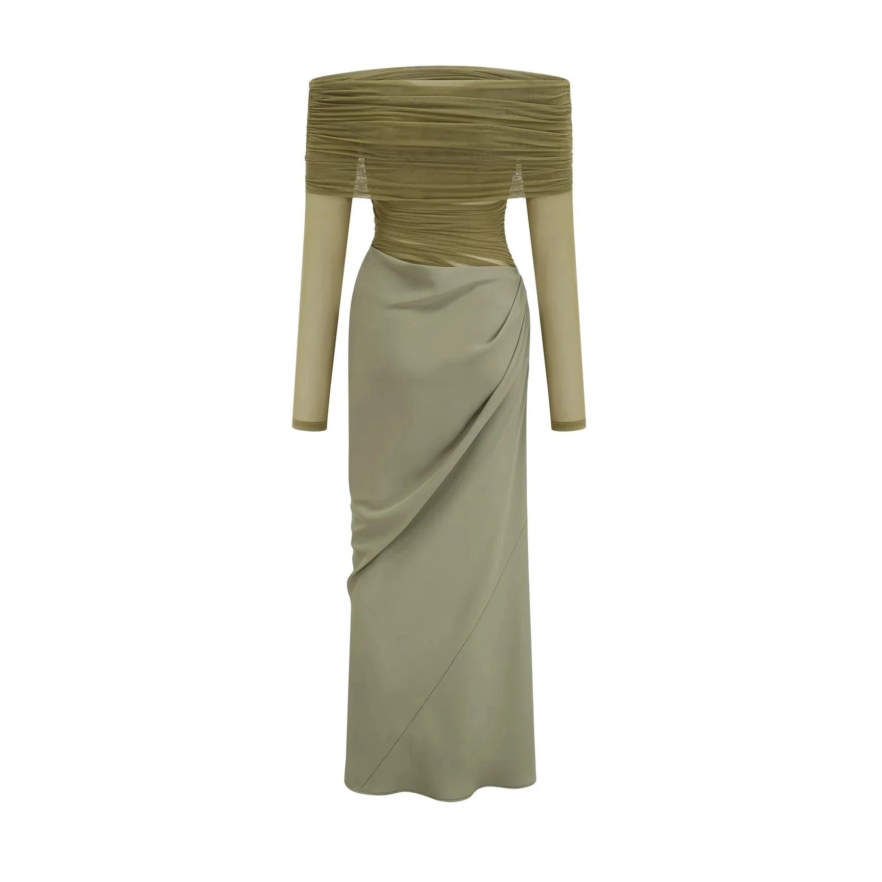 Iside Midi Dress Green Semi - sheer Off - shoulder & Tulle Detail