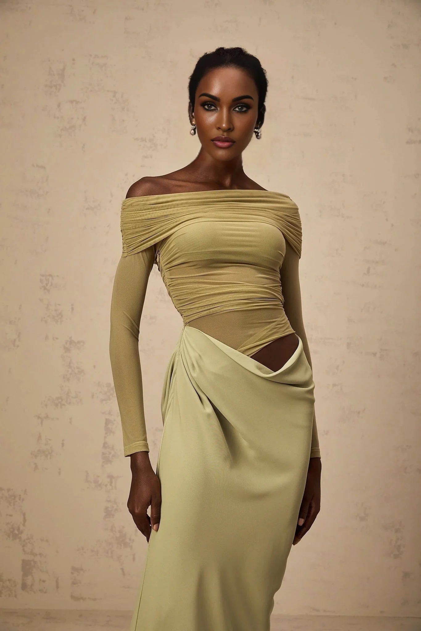 Iside Midi Dress Green Semi - sheer Off - shoulder & Tulle Detail