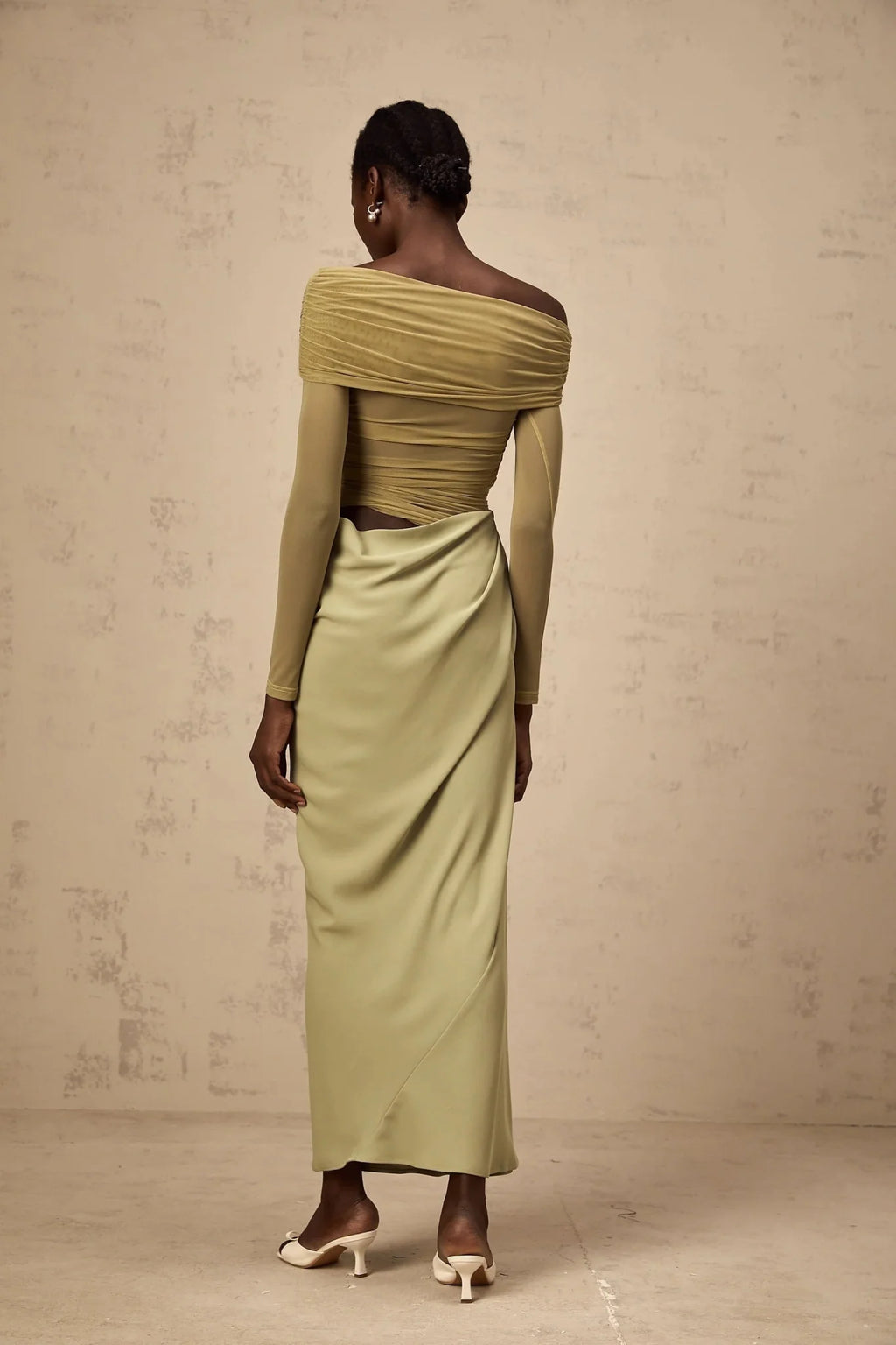 Iside Midi Dress Green Semi - sheer Off - shoulder & Tulle Detail