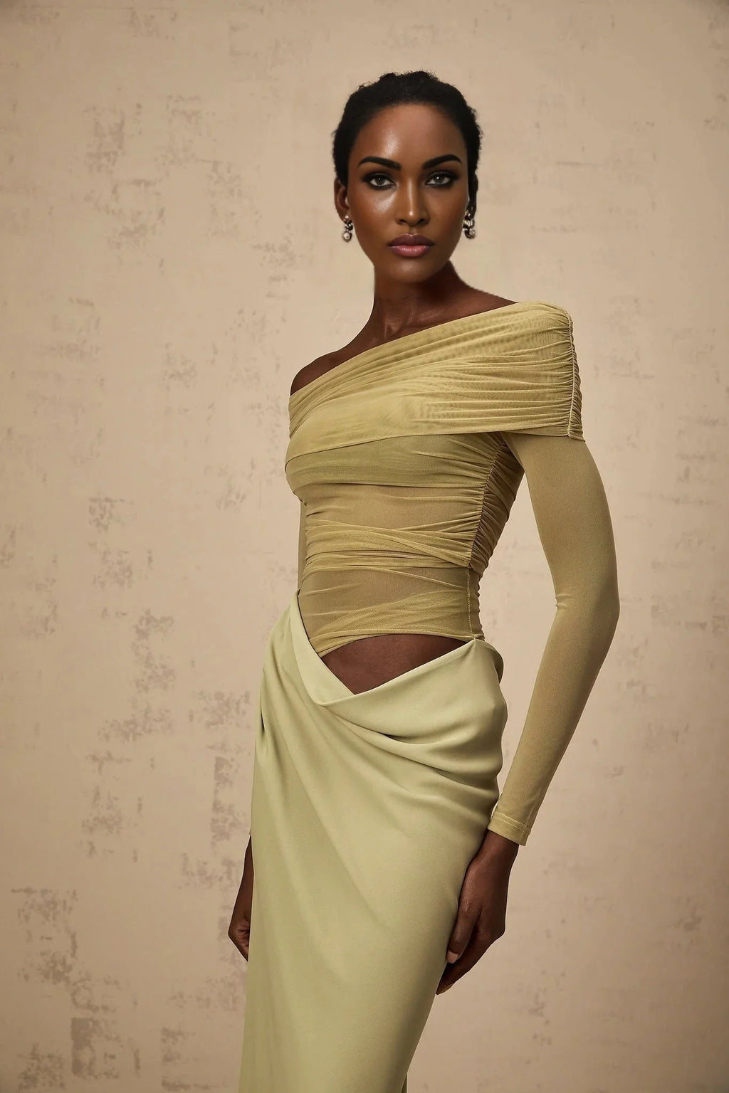 Iside Midi Dress Green Semi - sheer Off - shoulder & Tulle Detail