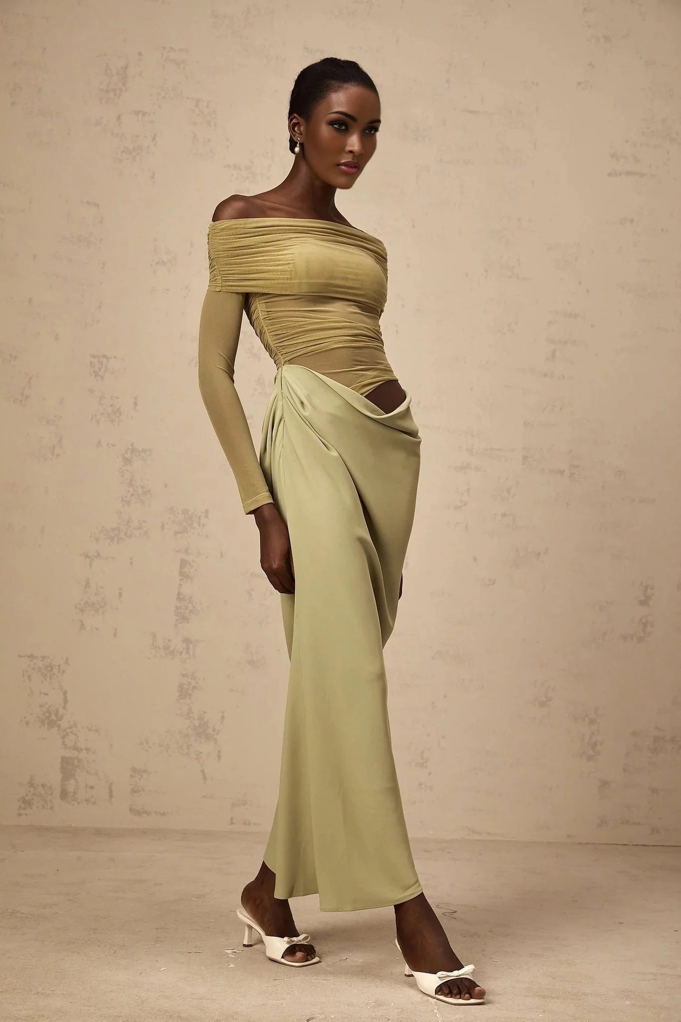 Iside Midi Dress Green Semi - sheer Off - shoulder & Tulle Detail