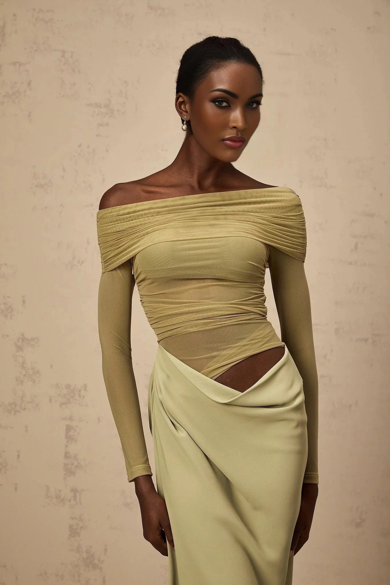 Iside Midi Dress Green Semi - sheer Off - shoulder & Tulle Detail