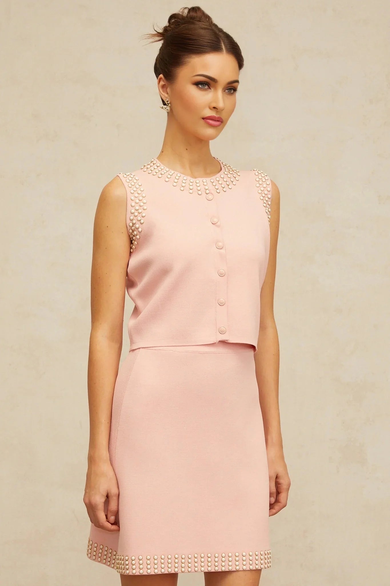Iside Top & Skirt Set Beaded Knit & - Cerise Pink