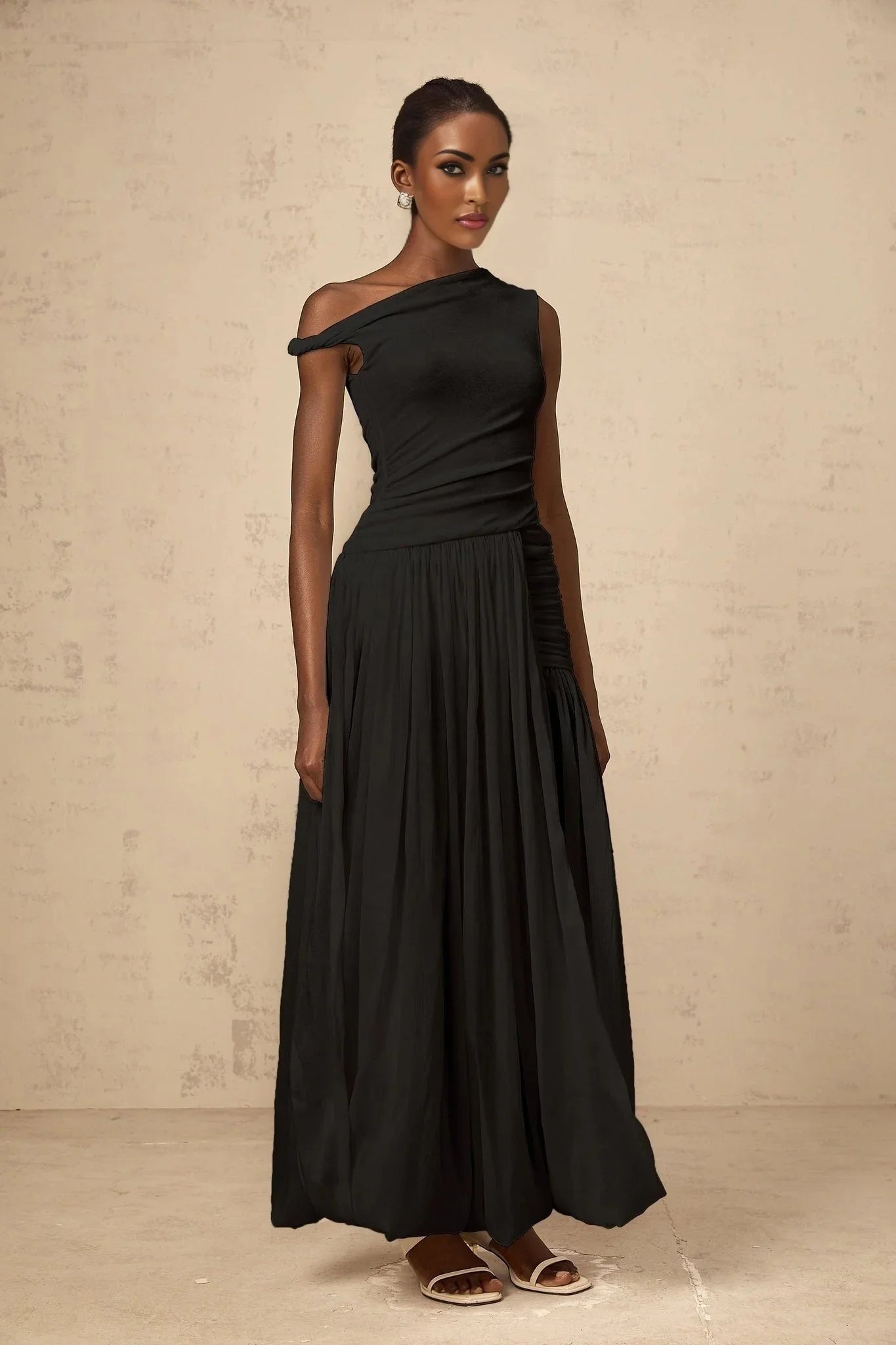 Isla Maxi Dress Black Mono - shoulder Cut - out & Side Slit