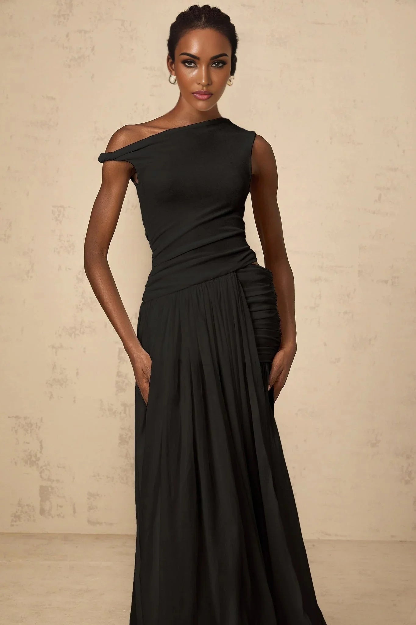 Isla Maxi Dress Black Mono - shoulder Cut - out & Side Slit