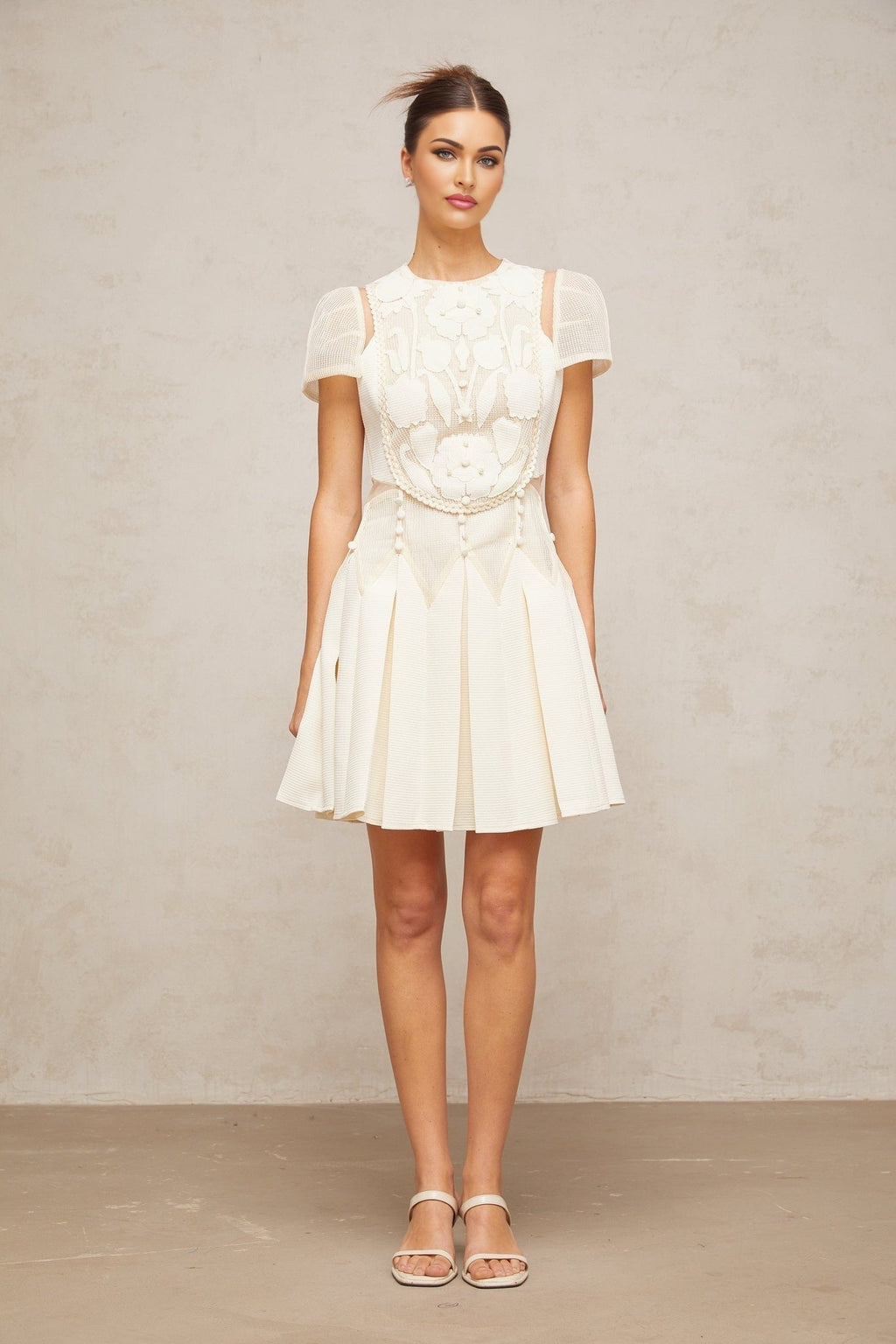 Isla Mini Dress White Floral Embroidered Cinched Waist & Box Pleat