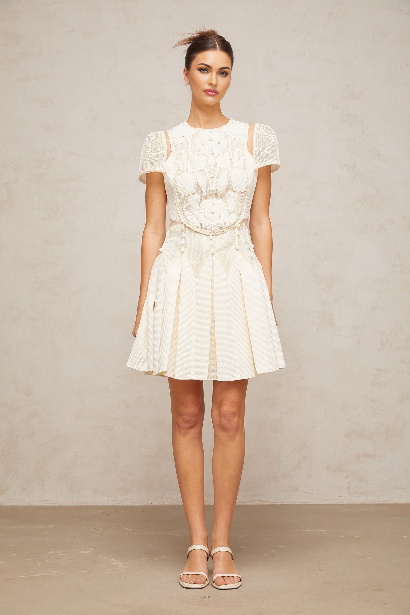 Isla Mini Dress White Floral Embroidered Cinched Waist & Box Pleat