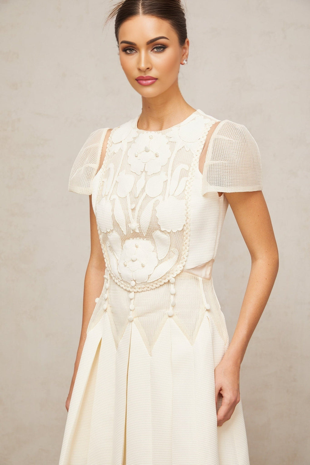 Isla Mini Dress White Floral Embroidered Cinched Waist & Box Pleat