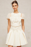 Isla Mini Dress White Floral Embroidered Cinched Waist & Box Pleat