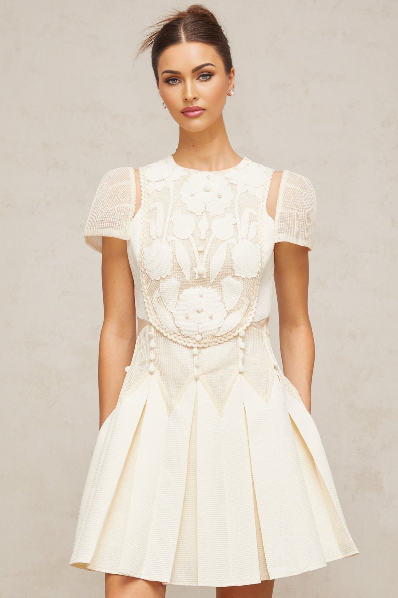 Isla Mini Dress White Floral Embroidered Cinched Waist & Box Pleat