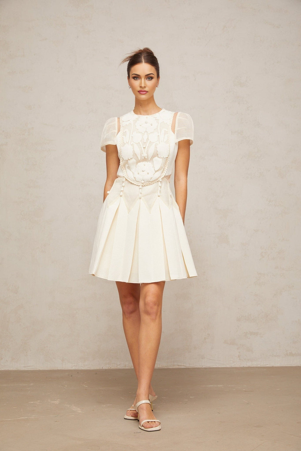 Isla Mini Dress White Floral Embroidered Cinched Waist & Box Pleat
