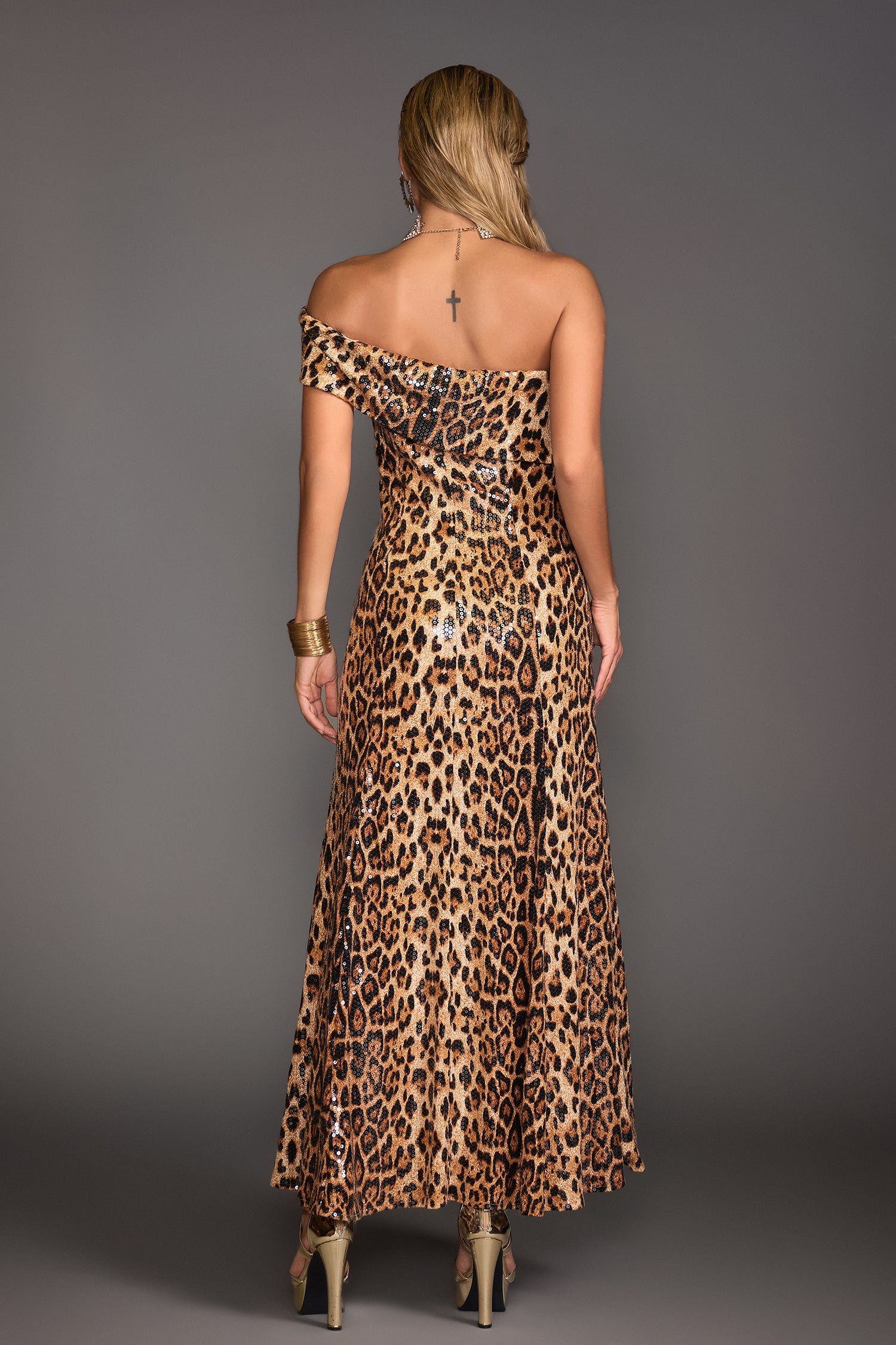 Ivana Beige Sequin Animal Print Maxi Dress