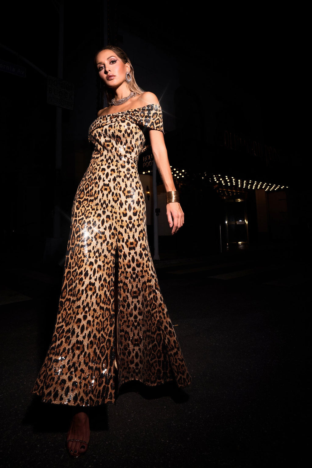 Ivana Beige Sequin Animal Print Off-Shoulder Maxi Dress