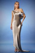 Ivana Gold Satin One-Shoulder Asymmetric Evening Dress