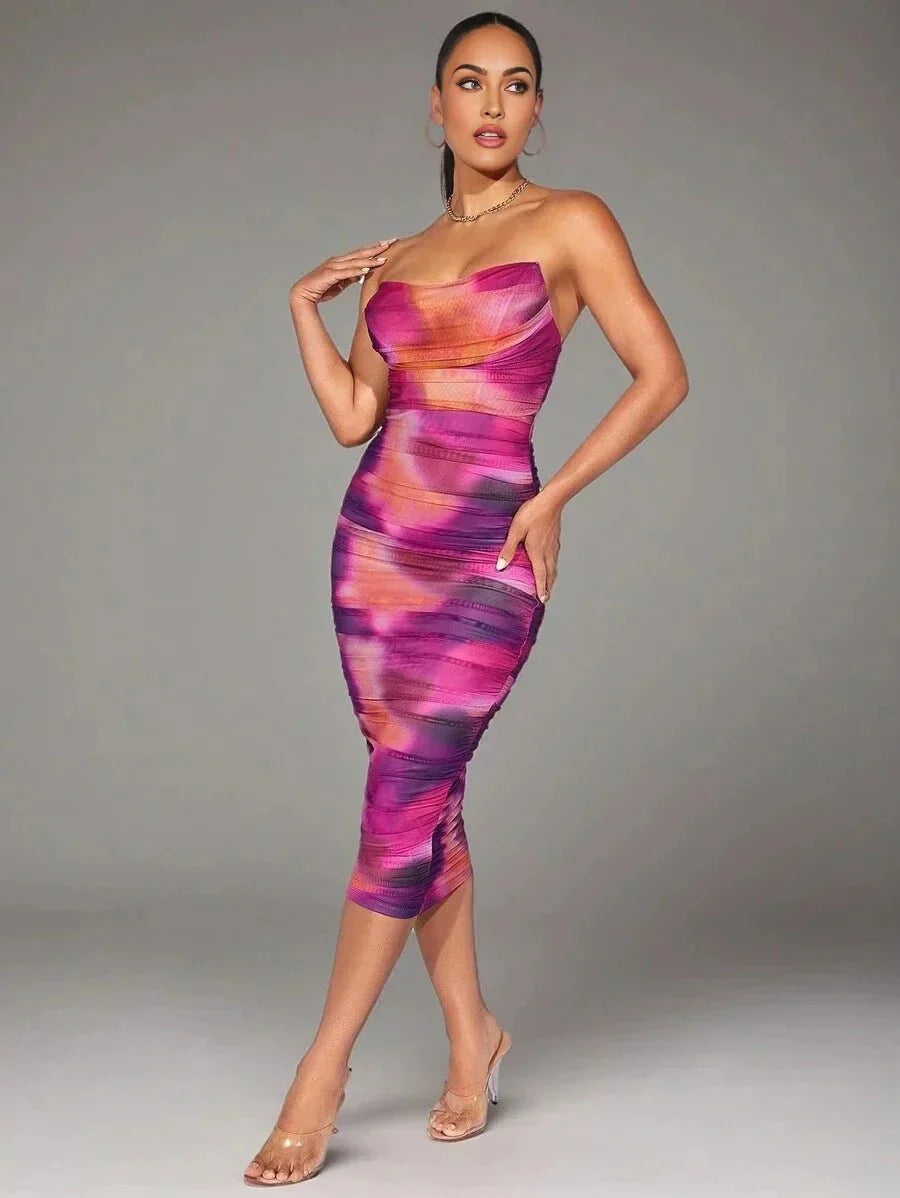 Ivana Midi Dress - Strapless Neckline - Night Out Style - Pencil Hem - Natural Waist - Elegant Tie Dye Design