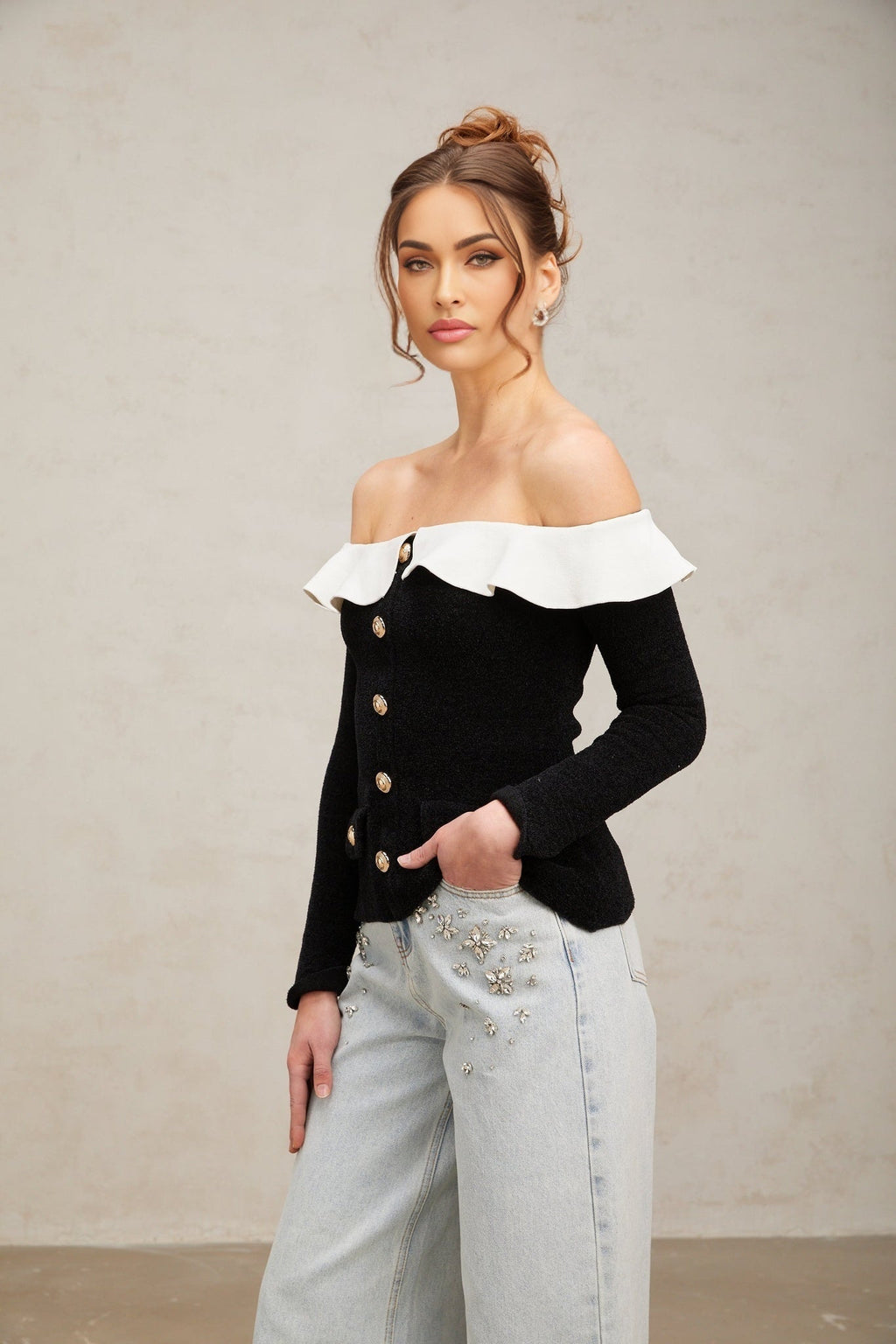 Ivana Top Black Off Shoulder Ruffled Velvet & Gold