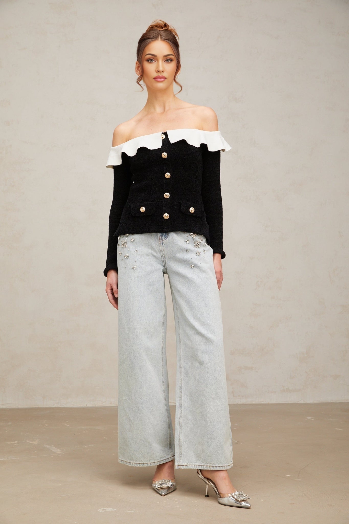 Ivana Top Black Off Shoulder Ruffled Velvet & Gold
