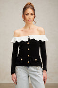 Ivana Top Black Off Shoulder Ruffled Velvet & Gold