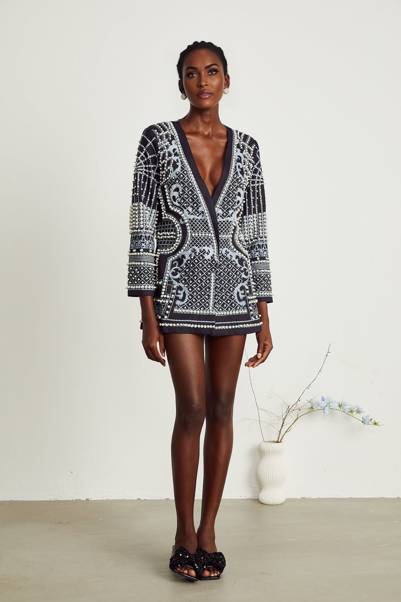 Ivanka Fashion Blazer - V Neck - Pattern Print - Faux - Pearl Embellishment - Contrast Colors - Mini Length