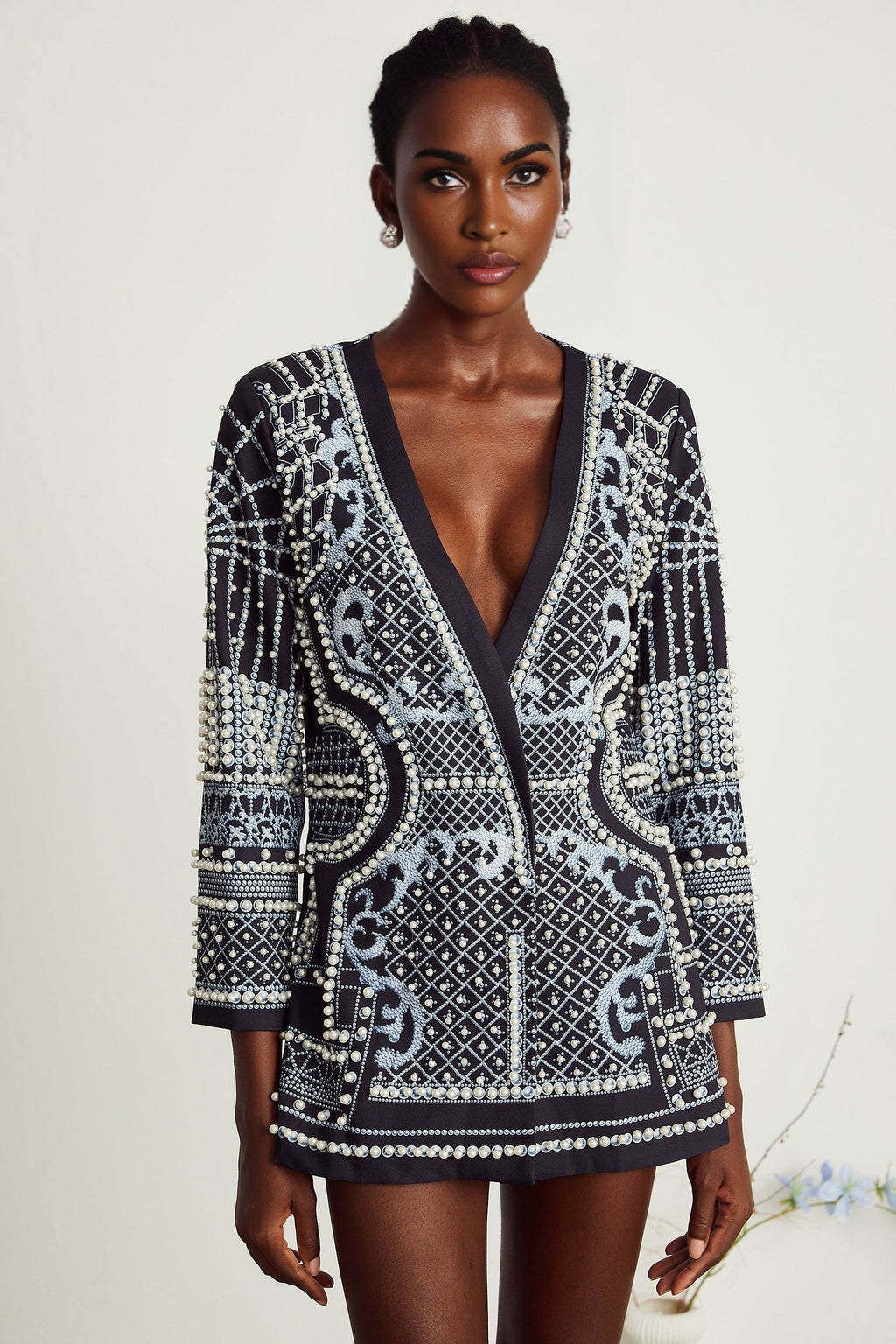 Ivanka Fashion Blazer - V Neck - Pattern Print - Faux - Pearl Embellishment - Contrast Colors - Mini Length
