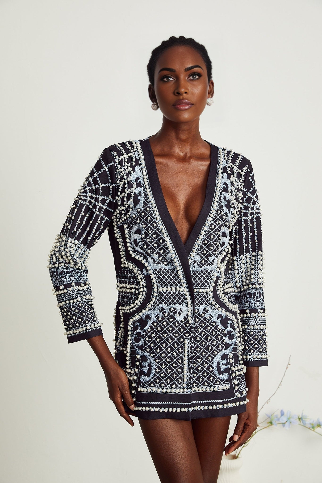 Ivanka Fashion Blazer - V Neck - Pattern Print - Faux - Pearl Embellishment - Contrast Colors - Mini Length