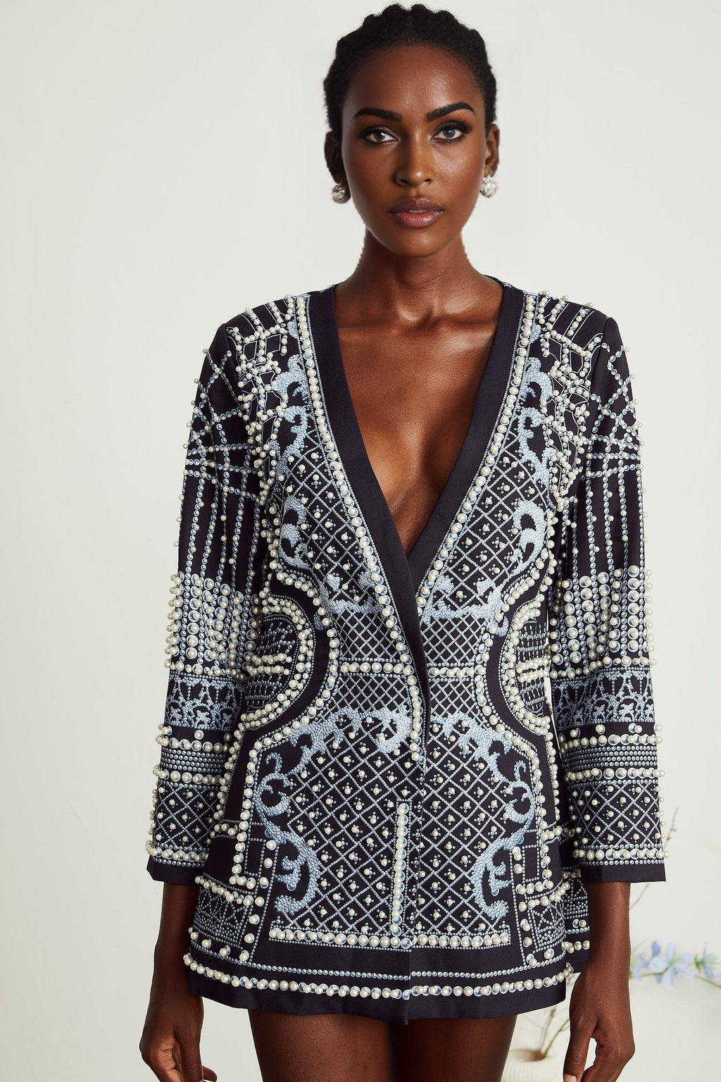 Ivanka Fashion Blazer - V Neck - Pattern Print - Faux - Pearl Embellishment - Contrast Colors - Mini Length