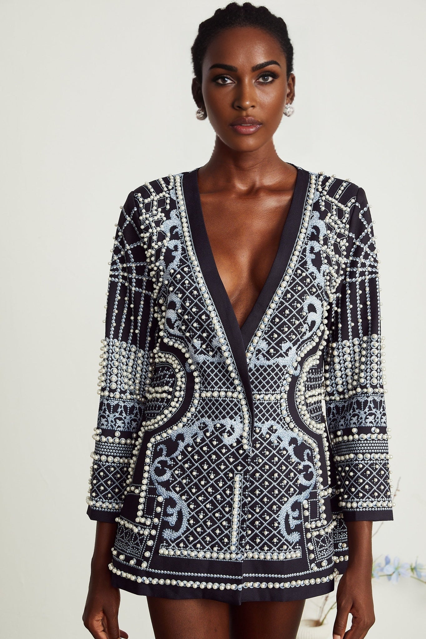 Ivanka Fashion Blazer - V Neck - Pattern Print - Faux - Pearl Embellishment - Contrast Colors - Mini Length