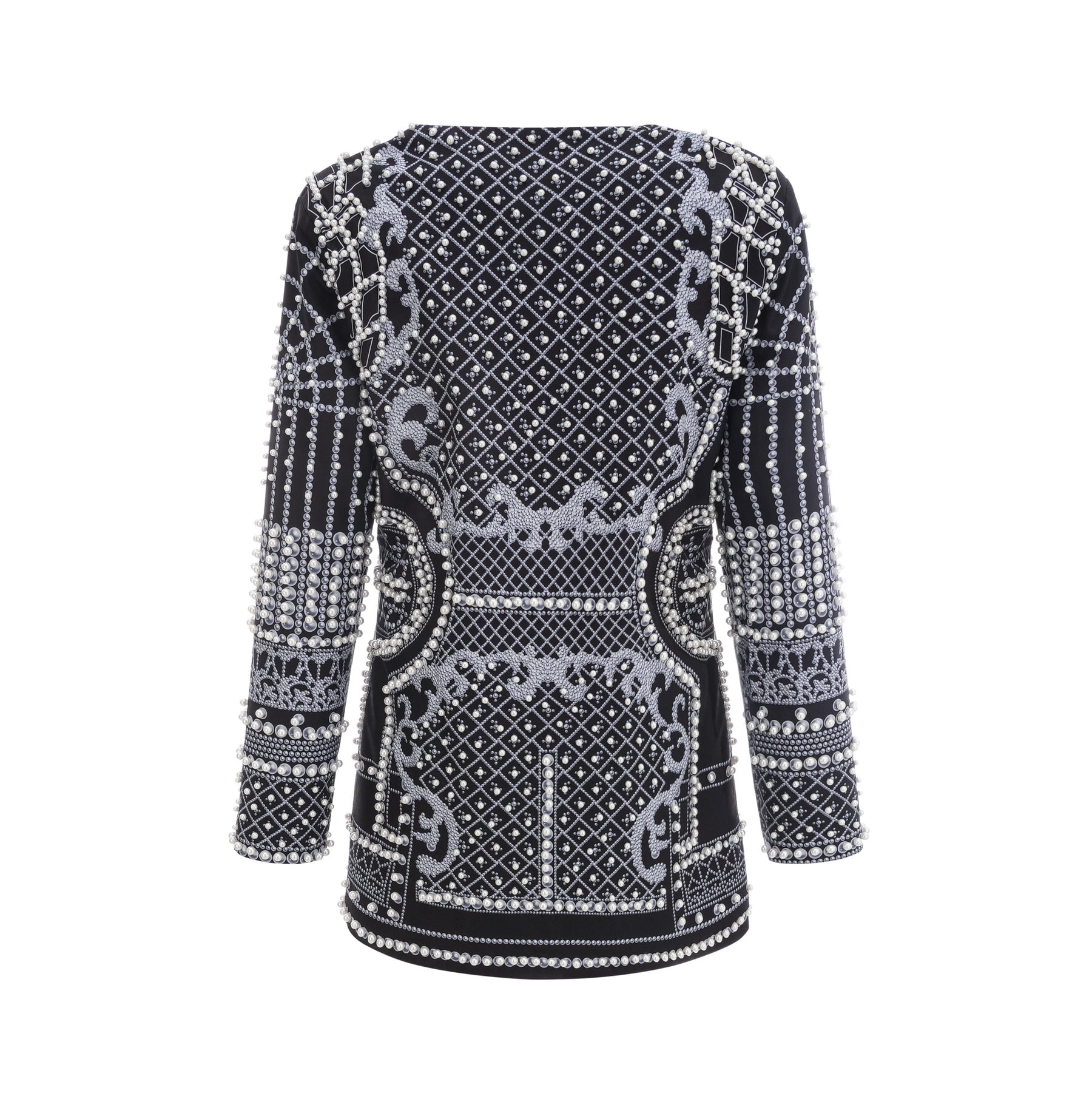 Ivanka Fashion Blazer - V Neck - Pattern Print - Faux - Pearl Embellishment - Contrast Colors - Mini Length